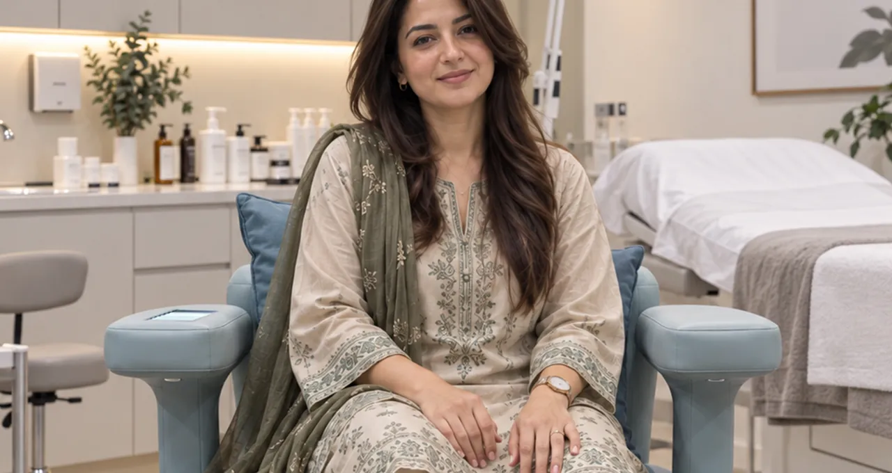 A client seated on the Eluvia pelvic floor chair at Luxeria Clinic